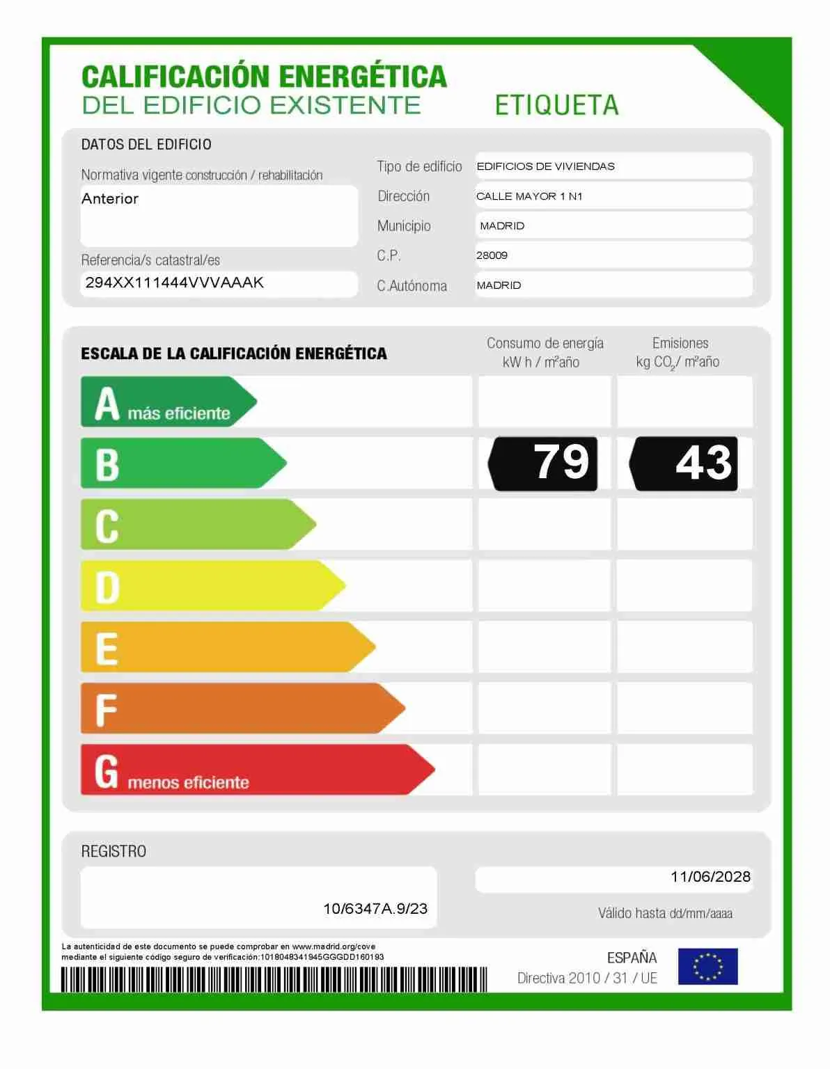 Ejemplo de etiqueta de certificación energética, con escala de eficiencia de A a G